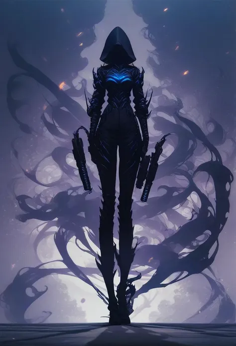 score_9, score_8_up, score_7_up, score_6_up, score_5_up, score_4_up, <lora:Shadow_Style_for_Pony:1> shadow person, female, black silhouette, ranger, holding a bow and wearing a hood, source_anime, Illustration, official artwork, anime style, wallpaper, official art