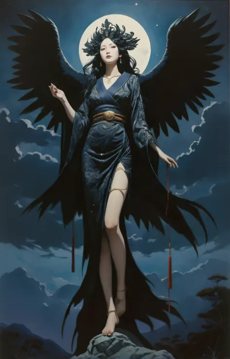 triadic colors, full body, solo, japanese ink, dark night, grim shadow, dramatic lighting BREAK dark and moody makino painting of the raven queen, atop the celestial sky, cinematic oil painting <lora:makinostyle:0.6> BREAK (anime manga by Hiroshi Yoshida Hiroshi Nagai)