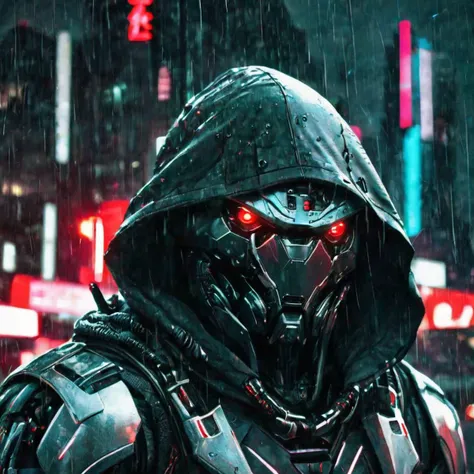 a close up photo of a solo, robot soldier, red glowing eyes and wearing a black hood, futuristic  cyberpunk city in background, nightime, rain, HD, masterpiece, best quality, ultra detailed,