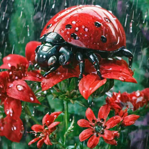 a close up photo of a red robotic ladybug, sitting on a beautiful flower, rain, HD, masterpiece, best quality, ultra detailed,