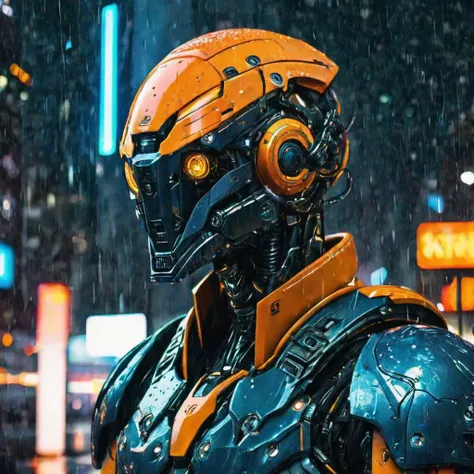 a close up photo of a solo, orange robot soldier, blue glowing eyes and wearing robotic armor, futuristic  cyberpunk city in background, nightime, rain, HD, masterpiece, best quality, ultra detailed,