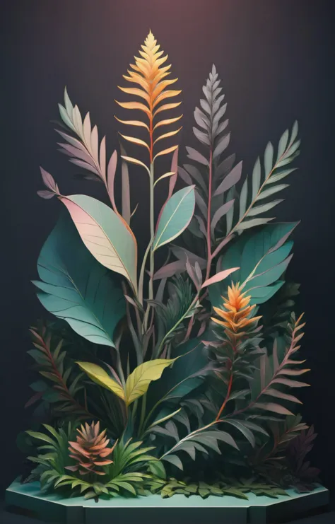 3d isometric, blender render, soft colorful-hued colors, dark and moody makino painting of an old botanical illustration, complex lines and fractal shapes, cinematic oil painting <lora:makinostyle:0.6> Two tone lighting, abstract geometric gradients, geometric shapes, simple background