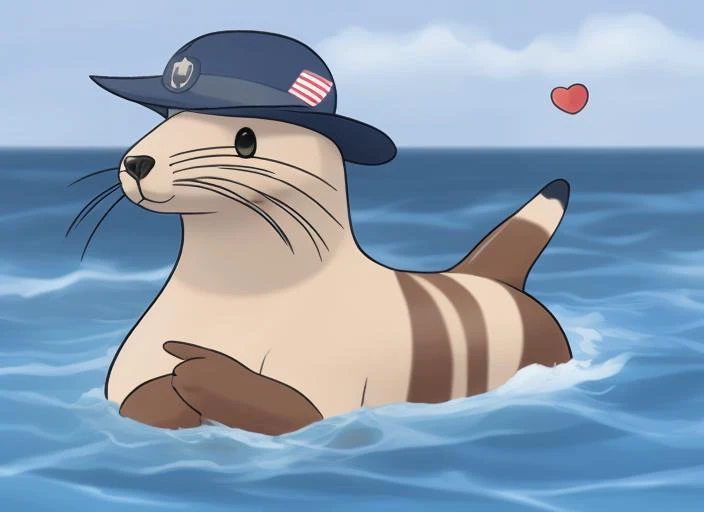 striped sailor brown and blue seal sea lion wearing a navy outfit and wearing a navy hat, water type with hearts, anime realism, swimming by a ship <hypernet:freepoke:0.9>