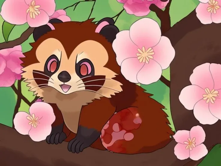 long brown raccoon tiny tanuki red panda climbing a tree pokemon big fluffy tail, beautifully detailed forest background, pink flowers in it's mouth, by the trees, cherry blossom big eyes <hypernet:freepoke:0.8989678978>