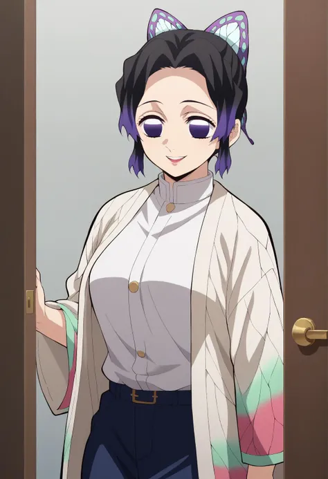 score_9, score_8_up, score_7_up, score_6_up, score_5_up, score_4_up, source_anime, 1girl, solo, official art, simple background, blurry edges, fading border,
KShinobuXLV4, butterfly hair ornament, large bust, <lora:KShinobuXLV4-10EP:1>
door,
big smile,
casual wear,