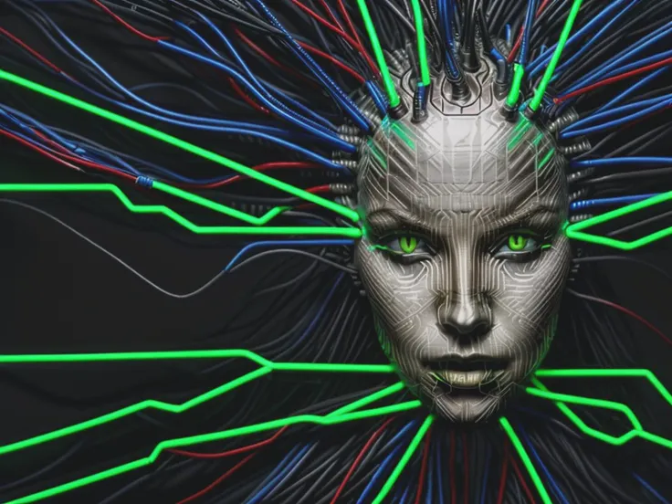 shodanSS_soul3142, girl face, hair as electric wire, android robot, neon, glowing eyes, ultra-detailed, masterpiece, <lora:shodan:0.7> <lora:more_details:0.8>