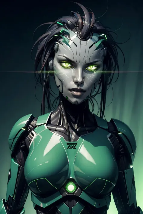 <lora:shodan-10:0.6>, shodanSS_soul3142, glowing eyes, green theme, green eyes, upper body, robot, looking at viewer
