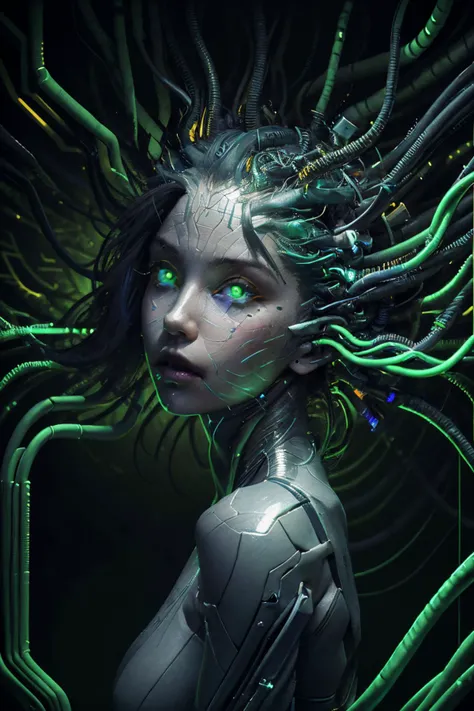 shodanSS_soul3142, masterpiece, best quality, highres, HDR, ultra-detailed, extremely detailed CG unity 8k wallpaper, perfect artwork, 1girl, glowing eyes, green theme, tube in head, cables, neon, science fiction, circuit board background, <lora:shodan-10:0.6>