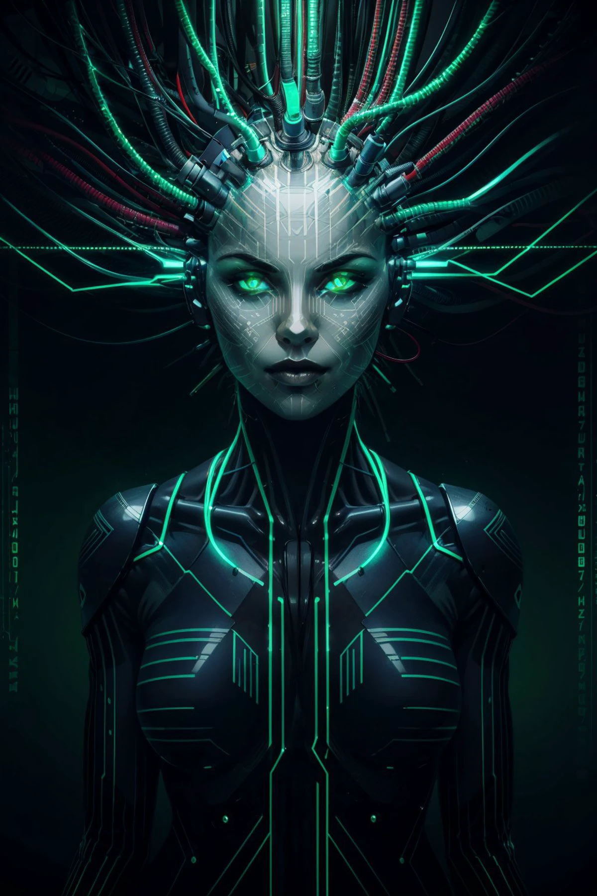 <lora:shodan-10:0.7>, shodanSS_soul3142, 1girl, glowing eyes, green theme, tube in head, cables, neon, science fiction, circuit board background