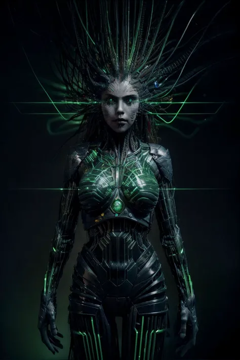 shodanSS_soul3142, masterpiece, best quality, highres, HDR, ultra-detailed, extremely detailed CG unity 8k wallpaper, perfect artwork, 1girl, glowing eyes, green theme, tube in head, cables, neon, science fiction, circuit board background, <lora:shodan:1>