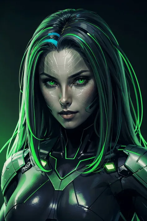 (masterpiece, best quality, high resolution),  <lora:shodan-10:0.6>, 1girl, portrait, green theme, neon