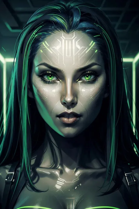 <lora:shodan-10:0.6>, 1girl, portrait, green theme, neon