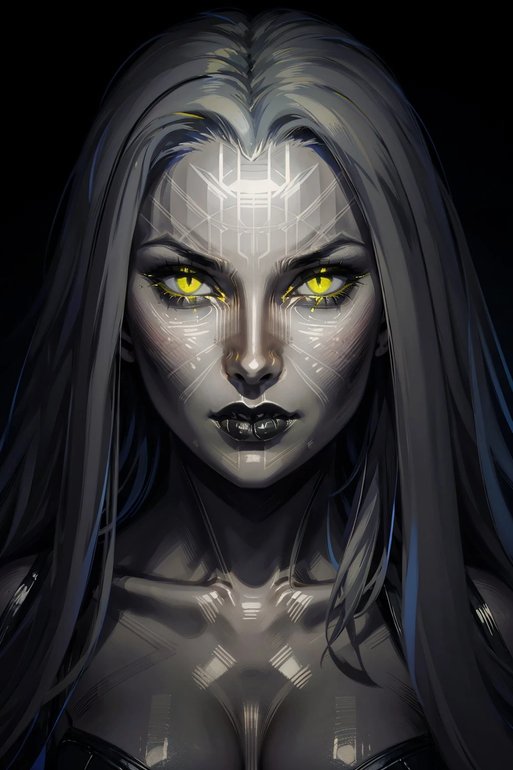 (masterpiece, best quality, high resolution), <lora:shodan-10:0.6>, 1girl, solo, long hair, glowing, glowing eyes, looking at viewer, black lips, black background, portrait, grey skin