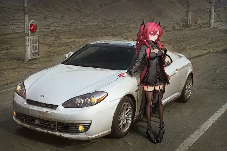 best quality, 1car, vehicle, (on street:1.5), outdoors, night, neon sigh, cyberpunk, (1girl:1.5), the girl is standing in front of car, (perfect body, perfect face, perfect eyes:1.3), (lacing girl:1.5), ((masterpiece, best quality)),extremely_detailed_wallpaper, illustration, side view, looking at viewer, <lora:tuscani:0.8>