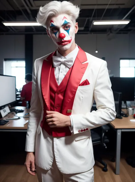 RAW photo, full body shot, 1boy, classic clown costume, red nose, white skin, (white:1.2) wig, complex (office:1.2) background <lora:ClownFashion2:0.5> ClownFashion, 8k uhd, dslr, soft lighting, high quality, film grain, Fujifilm XT3, (intricate details:0.9), (hdr, hyperdetailed:1.2)