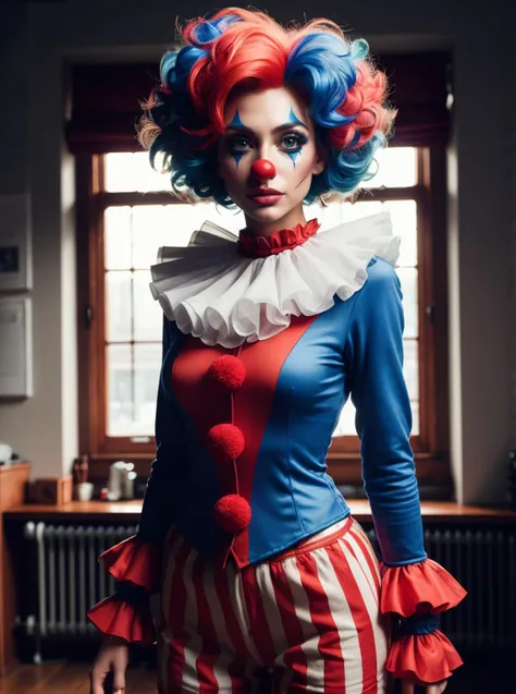 RAW photo, full body shot, 1girl, amazing body, classic clown costume, red nose, blue wig, complex room background <lora:ClownFashion2:0.5> ClownFashion, 8k uhd, dslr, soft lighting, high quality, film grain, Fujifilm XT3, (intricate details:0.9), (hdr, hyperdetailed:1.2)