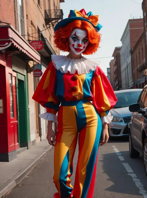 RAW photo, full body shot, 1girl, amazing body, classic clown costume, red nose, red wig, complex street background <lora:ClownFashion2:0.5> ClownFashion, 8k uhd, dslr, soft lighting, high quality, film grain, Fujifilm XT3, (intricate details:0.9), (hdr, hyperdetailed:1.2)