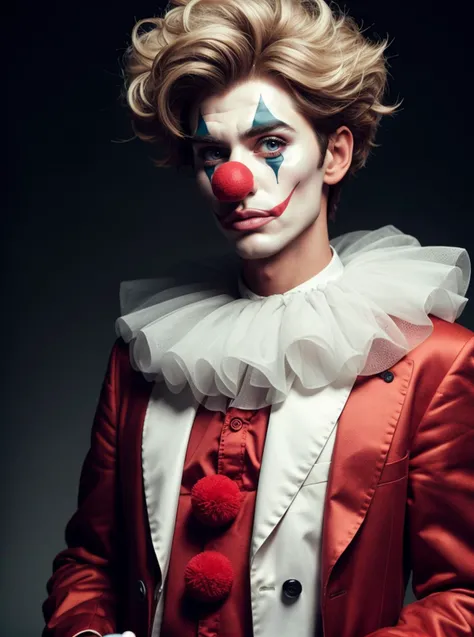 RAW photo, portrait, 1boy, classic clown costume, red nose, white skin, (white:1.2) wig, complex street background <lora:ClownFashion2:0.5> ClownFashion, 8k uhd, dslr, soft lighting, high quality, film grain, Fujifilm XT3, (intricate details:0.9), (hdr, hyperdetailed:1.2)
