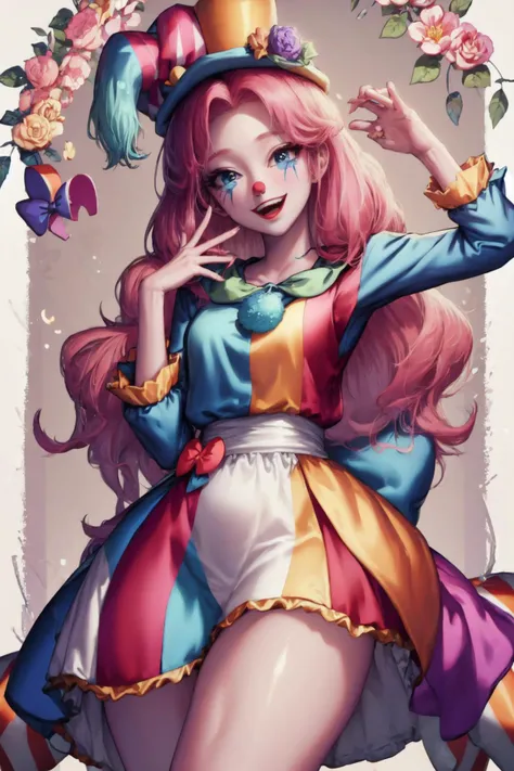 (1girl, one girl), (solo:1.3), (mlppinkiepie:1.3),pale skin, long hair, blue_eyes, (smiling, happy:1.3), (pink curly hair:1.2), BREAK
standing,(slightly chubby,wide hips,thick_thighs:1.2),, BREAK
(ClownFashion, clown atire, colorful clothing,happy pose:1.3), BREAK
(cute_background, daylight,detailed_background:1.3), BREAK
best quality, masterpiece, detailed background, highly detailed, intricate, detailed face, long eyelashes, detailed eyes, <lora:Kidmo-LyCoris-V2:1><lora:mlp_pinkiepie-11:0.8><lora:GoodHands-beta2:1> <lora:ClownFashion:1>