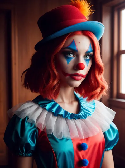 RAW photo, portrait, 1girl, amazing body, classic clown costume, red nose, blue wig, complex room background <lora:ClownFashion2:0.5> ClownFashion, 8k uhd, dslr, soft lighting, high quality, film grain, Fujifilm XT3, (intricate details:0.9), (hdr, hyperdetailed:1.2)