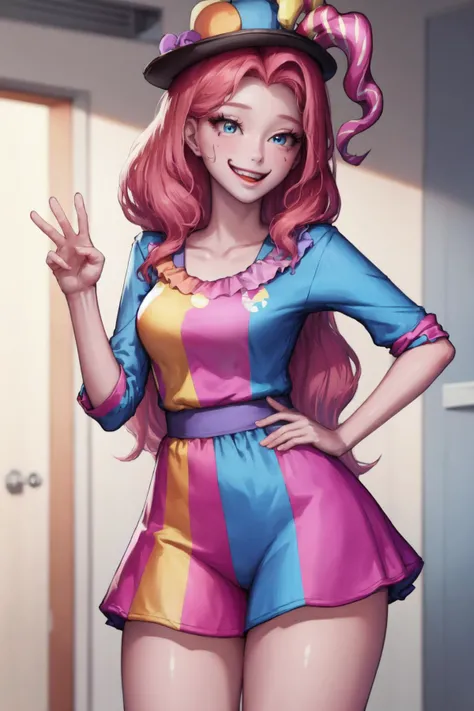 (1girl, one girl), (solo:1.3), (mlppinkiepie:1.3),pale skin, long hair, blue_eyes, (smiling, happy:1.3), (pink curly hair:1.2), BREAK
standing,(slightly chubby,wide hips,thick_thighs:1.2),, BREAK
(ClownFashion, clown atire, colorful clothing,happy pose:1.3), BREAK
(cute_background, daylight,detailed_background:1.3), BREAK
best quality, masterpiece, detailed background, highly detailed, intricate, detailed face, long eyelashes, detailed eyes, <lora:Kidmo-LyCoris-V2:1><lora:mlp_pinkiepie:0.8><lora:GoodHands-vanilla:1> <lora:ClownFashion:0.6>