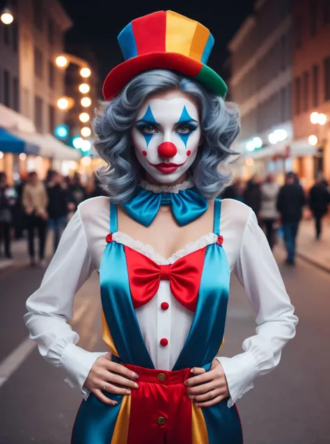 RAW photo, full body shot, 1girl, amazing body, classic clown costume, red nose, white skin, (blue:1.2) wig, complex street background <lora:ClownFashion2:0.5> ClownFashion, 8k uhd, dslr, soft lighting, high quality, film grain, Fujifilm XT3, (intricate details:0.9), (hdr, hyperdetailed:1.2)