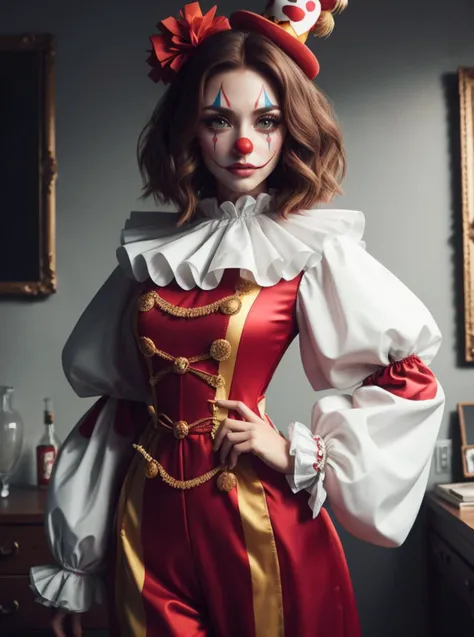 RAW photo, portrait 1girl, amazing body, classic clow costume, red nose, wig, complex room background <lora:ClownFashion2:0.65> ClownFashion, 8k uhd, dslr, soft lighting, high quality, film grain, Fujifilm XT3, (intricate details:0.9), (hdr, hyperdetailed:1.2)
