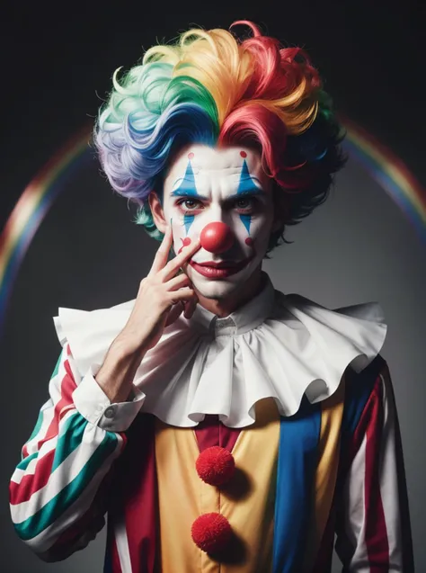 RAW photo, portrait, 1boy, clown suit, red nose, white skin, (rainbow:1.2) wig, complex office background <lora:ClownFashion2:0.5> ClownFashion, 8k uhd, dslr, soft lighting, high quality, film grain, Fujifilm XT3, (intricate details:0.9), (hdr, hyperdetailed:1.2)