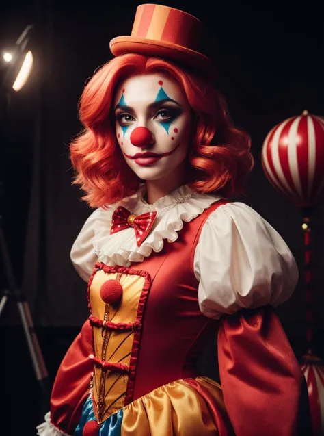 RAW photo, portrait 1girl, amazing body, classic clow costume, red nose, wig, complex (circus:1.2) background <lora:ClownFashion2:0.5> ClownFashion, 8k uhd, dslr, soft lighting, high quality, film grain, Fujifilm XT3, (intricate details:0.9), (hdr, hyperdetailed:1.2)
