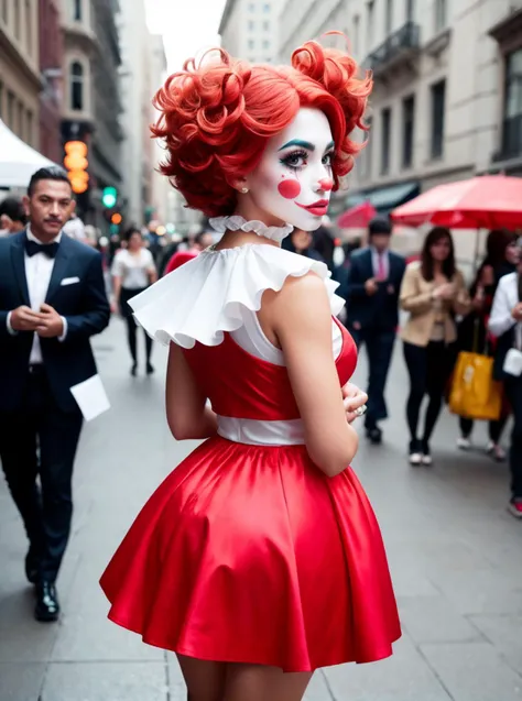 RAW photo, rear shot 1girl, amazing body, classic clow costume, red nose, wig, complex street background <lora:ClownFashion2:0.5> ClownFashion, 8k uhd, dslr, soft lighting, high quality, film grain, Fujifilm XT3, (intricate details:0.9), (hdr, hyperdetailed:1.2)