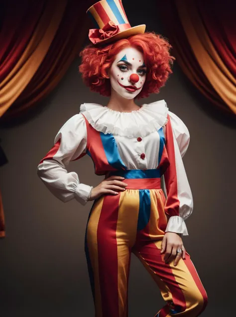 RAW photo, full body shot, 1girl, amazing body, classic clown costume, red nose, red wig, complex (circus:1.2) background <lora:ClownFashion2:0.5> ClownFashion, 8k uhd, dslr, soft lighting, high quality, film grain, Fujifilm XT3, (intricate details:0.9), (hdr, hyperdetailed:1.2)