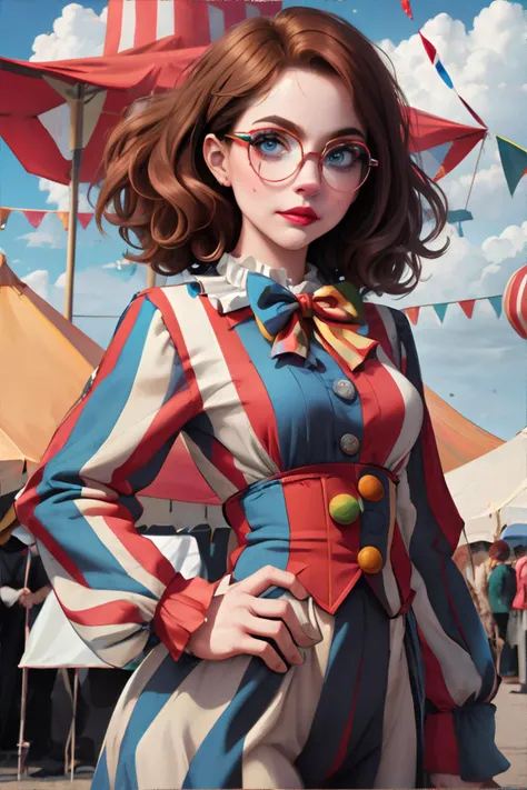 <lora:clownfashion:0.5>, <lora:bzl:0.8>, ClownFashion, bzl_test, curly brown hair, (blue|grey) eyes, glasses, standing outside circus tent, masterpiece, 8k, high resolution, shallow depth of field, sharp focus