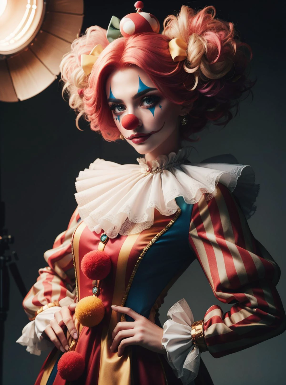 RAW photo, 1girl, amazing body, classic clow costume, red nose, wig, complex circus background <lora:ClownFashion2:0.65> ClownFashion, 8k uhd, dslr, soft lighting, high quality, film grain, Fujifilm XT3, (intricate details:0.9), (hdr, hyperdetailed:1.2)