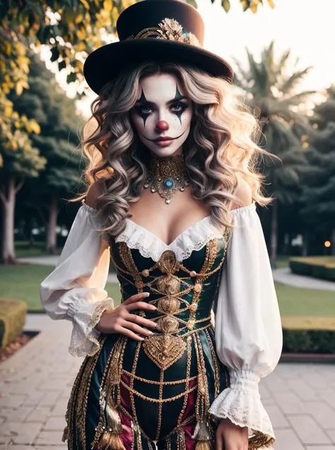 RAW photo, portrait, 1girl, pose, wig, complex park background, <lora:ClownFashion:0.65> ClownFashion, 8k uhd, dslr, soft lighting, high quality, film grain, Fujifilm XT3, (intricate details:0.9), (hdr, hyperdetailed:1.2)