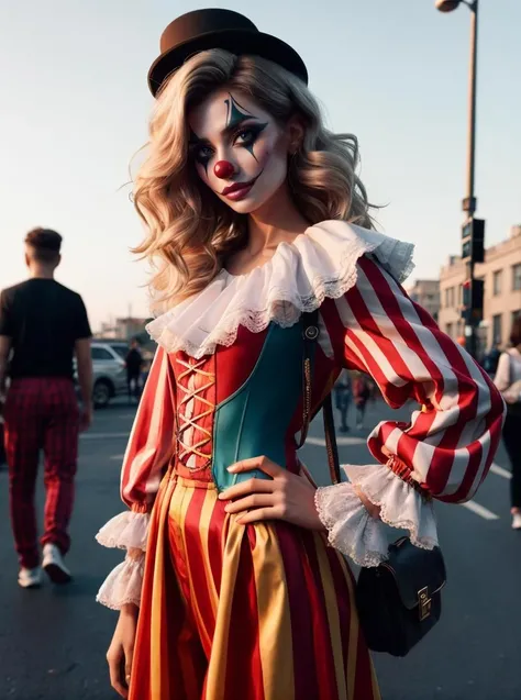 RAW photo, portrait, 1girl, pose, wig, complex street background, <lora:ClownFashion:0.65> ClownFashion, 8k uhd, dslr, soft lighting, high quality, film grain, Fujifilm XT3, (intricate details:0.9), (hdr, hyperdetailed:1.2)