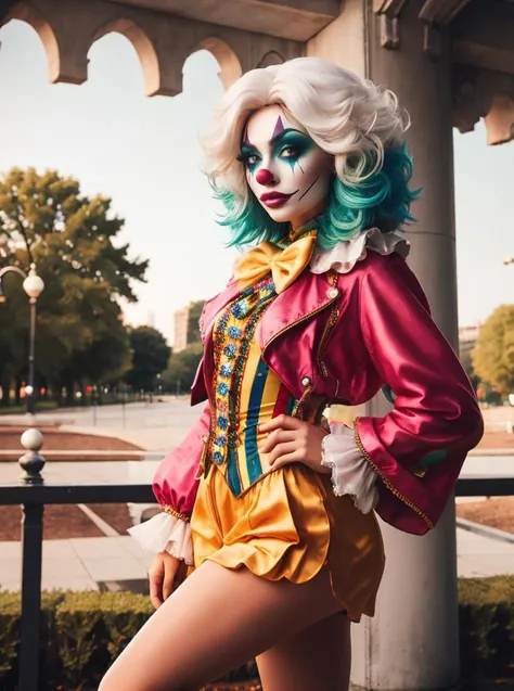 (medium full shot) of (sexy clown) young woman, red plastic nose, white face paint, hair in braids, wearing a purple oversized colorful blazer,tutu skirt,platform shoes, oversized bow tie, colorful eyeshadow, set in Seating Area, Relaxed space with wooden benches arranged around a central fountain, decorative lanterns casting a soft glow in the evening, potted plants adding a touch of greenery, a canopy providing shade on sunny days, a trash bin discreetly placed for convenience, woman laughing, arms crossed, Masterpiece,best quality, photo, realistic, very aesthetic, detailed face,
