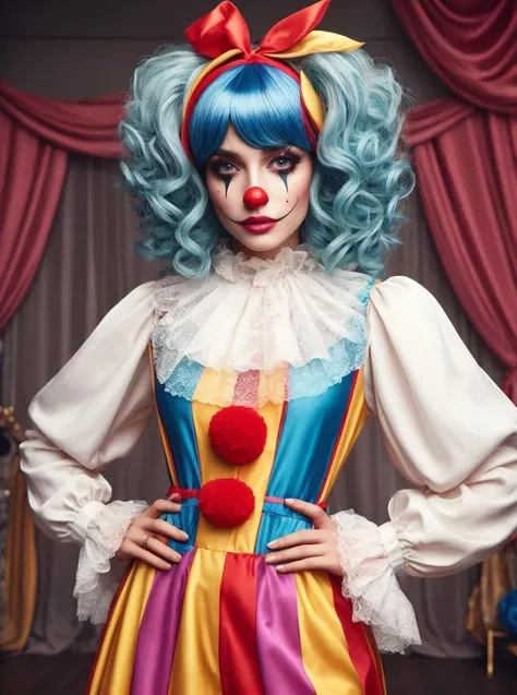 portrait, 1girl, pose, wig, complex room background, <lora:ClownFashion:0.65> ClownFashion
