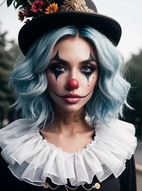 RAW photo, portrait, 1girl, pose, wig, complex park background, <lora:ClownFashion:0.65> ClownFashion, 8k uhd, dslr, soft lighting, high quality, film grain, Fujifilm XT3, (intricate details:0.9), (hdr, hyperdetailed:1.2)