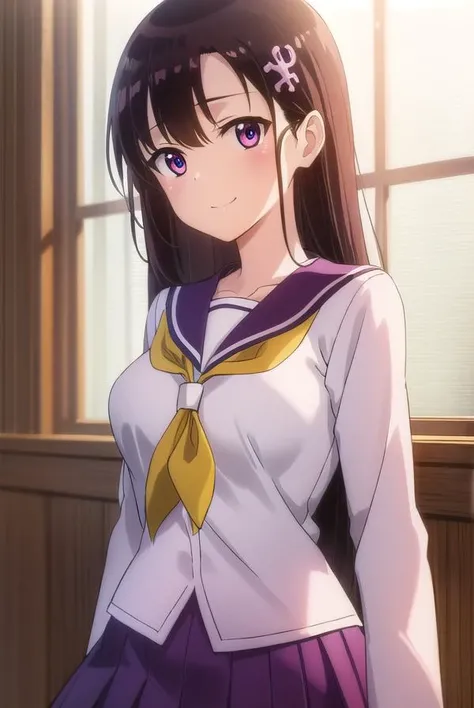 hitomihino, <lora:hitomi hino s1-lora-nochekaiser:1>,
hitomi hino, long hair, black hair, hair ornament, (purple eyes:1.1), smile,
BREAK skirt, school uniform, pleated skirt, serafuku, white skirt, shirt, purple shirt, sailor collar, white sailor collar, long sleeves, neckerchief, yellow neckerchief,
BREAK indoors, classroom,
BREAK looking at viewer, (cowboy shot:1.5),
BREAK <lyco:GoodHands-beta2:1>, (masterpiece:1.2), best quality, high resolution, unity 8k wallpaper, (illustration:0.8), (beautiful detailed eyes:1.6), extremely detailed face, perfect lighting, extremely detailed CG, (perfect hands, perfect anatomy),