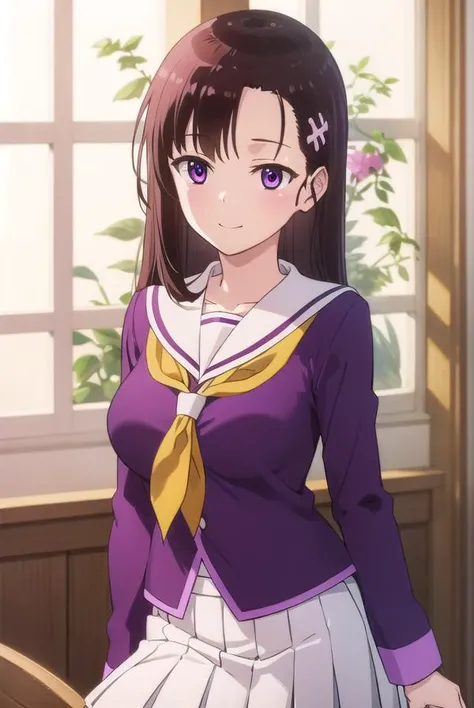 hitomihino, <lora:hitomi hino s1-lora-nochekaiser:1>,
hitomi hino, long hair, black hair, hair ornament, (purple eyes:1.1), smile,
BREAK skirt, school uniform, pleated skirt, serafuku, white skirt, shirt, purple shirt, sailor collar, white sailor collar, long sleeves, neckerchief, yellow neckerchief,
BREAK indoors, classroom,
BREAK looking at viewer, (cowboy shot:1.5),
BREAK <lyco:GoodHands-beta2:1>, (masterpiece:1.2), best quality, high resolution, unity 8k wallpaper, (illustration:0.8), (beautiful detailed eyes:1.6), extremely detailed face, perfect lighting, extremely detailed CG, (perfect hands, perfect anatomy),