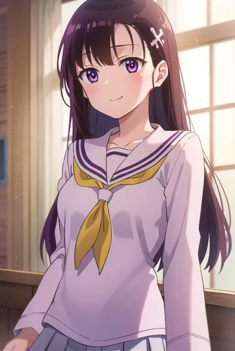 hitomihino, <lora:hitomi hino s1-lora-nochekaiser:1>,
hitomi hino, long hair, black hair, hair ornament, (purple eyes:1.1), smile,
BREAK skirt, school uniform, pleated skirt, serafuku, white skirt, shirt, purple shirt, sailor collar, white sailor collar, long sleeves, neckerchief, yellow neckerchief,
BREAK indoors, classroom,
BREAK looking at viewer, (cowboy shot:1.5),
BREAK <lyco:GoodHands-beta2:1>, (masterpiece:1.2), best quality, high resolution, unity 8k wallpaper, (illustration:0.8), (beautiful detailed eyes:1.6), extremely detailed face, perfect lighting, extremely detailed CG, (perfect hands, perfect anatomy),