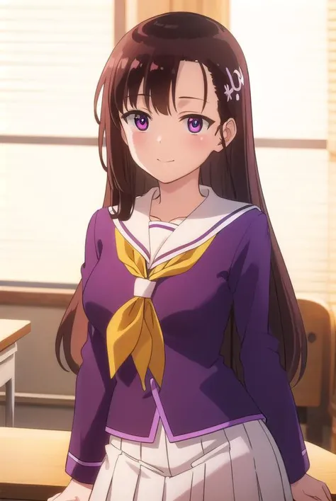 hitomihino, <lora:hitomi hino s1-lora-nochekaiser:1>,
hitomi hino, long hair, black hair, hair ornament, (purple eyes:1.1), smile,
BREAK skirt, school uniform, pleated skirt, serafuku, white skirt, shirt, purple shirt, sailor collar, white sailor collar, long sleeves, neckerchief, yellow neckerchief,
BREAK indoors, classroom,
BREAK looking at viewer, (cowboy shot:1.5),
BREAK <lyco:GoodHands-beta2:1>, (masterpiece:1.2), best quality, high resolution, unity 8k wallpaper, (illustration:0.8), (beautiful detailed eyes:1.6), extremely detailed face, perfect lighting, extremely detailed CG, (perfect hands, perfect anatomy),