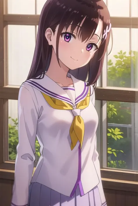 hitomihino, <lora:hitomi hino s1-lora-nochekaiser:1>,
hitomi hino, long hair, black hair, hair ornament, (purple eyes:1.1), smile,
BREAK skirt, school uniform, pleated skirt, serafuku, white skirt, shirt, purple shirt, sailor collar, white sailor collar, long sleeves, neckerchief, yellow neckerchief,
BREAK indoors, classroom,
BREAK looking at viewer, (cowboy shot:1.5),
BREAK <lyco:GoodHands-beta2:1>, (masterpiece:1.2), best quality, high resolution, unity 8k wallpaper, (illustration:0.8), (beautiful detailed eyes:1.6), extremely detailed face, perfect lighting, extremely detailed CG, (perfect hands, perfect anatomy),
