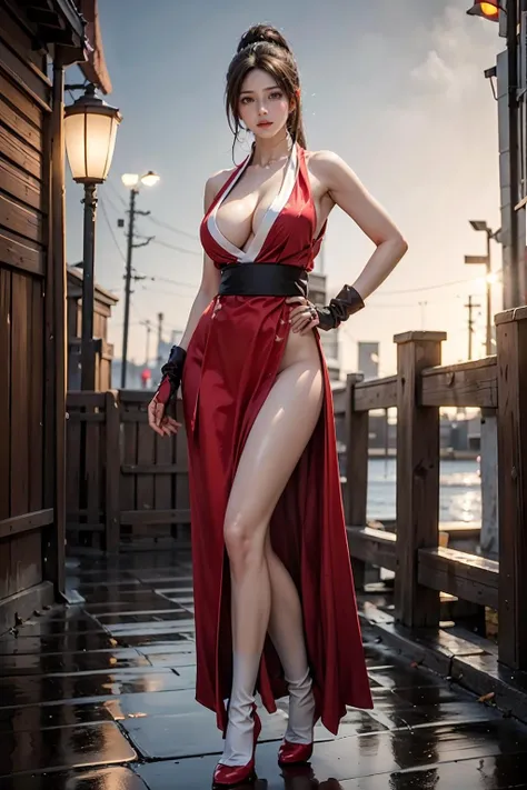 <lora:huowu_20:0.8>,face lighting,bright backlight,medium breasts,super high resolution,best quality,Photos,4k,(Realistic:1.2),huowu,1 girl,sexy,cosplay,Mai Shiranui (The King of Fighters),standing,legs apart,hand on hip,confident,looking to the side,expressive eyes,long flowing hair,red qipao dress with high slit,revealing neckline,(ample cleavage:1.2),slender waist,long legs,(thigh-high socks:1.3),high heels,fingerless gloves,fan accessory,fiery background,flames,dynamic pose.,