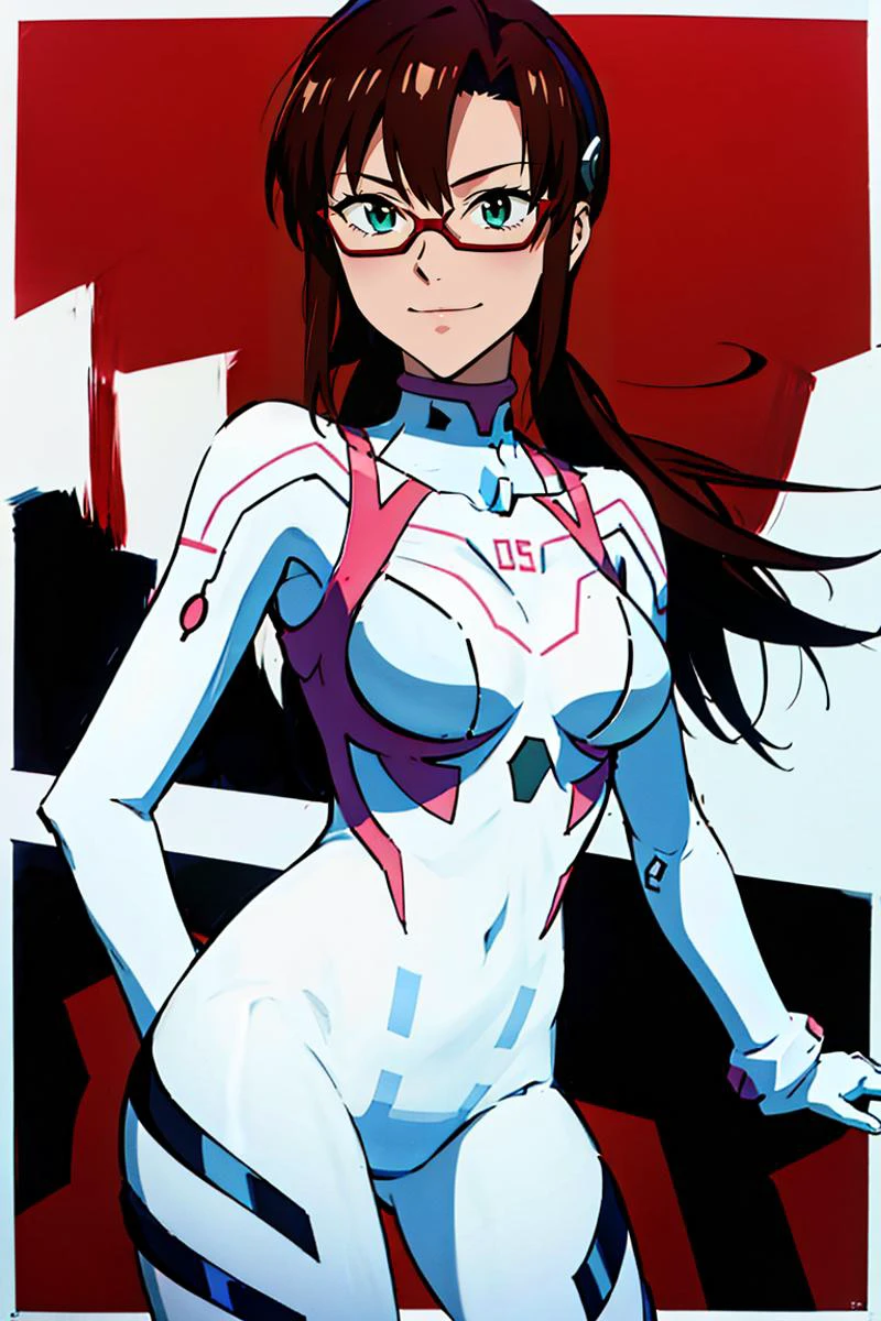 masterpiece, best quality, poster, <lora:MakinamiMariV1-000008:0.9> makinami mari illustrious, semi-rimless eyewear, red-framed eyewear, white bodysuit, contrapposto, smug, abstract background, <lora:zoom_slider:2.8>