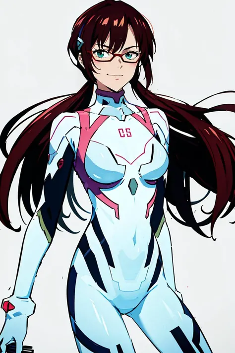 masterpiece, best quality, poster, <lora:MakinamiMariV1-000008:0.9>  makinami mari illustrious, semi-rimless eyewear, red-framed eyewear, white bodysuit, contrapposto, smug, abstract background,  <lora:zoom_slider:2>