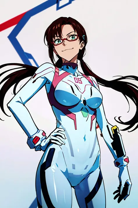 masterpiece, best quality, poster, <lora:MakinamiMariV1-000008:0.9>  makinami mari illustrious, semi-rimless eyewear, red-framed eyewear, white bodysuit, contrapposto, smug, abstract background,  <lora:zoom_slider:2.3>