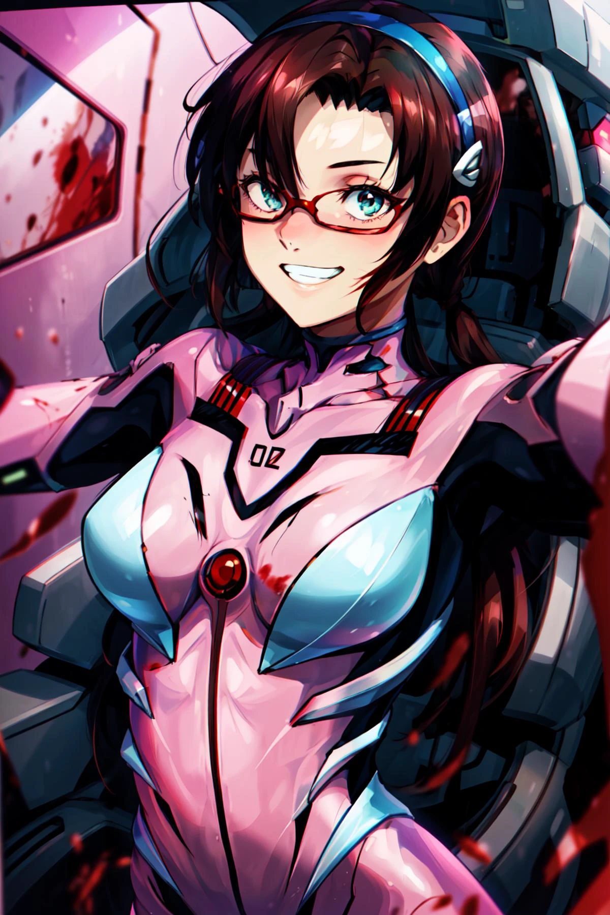 masterpiece,best quality,1girl,makinami mari illustrious,pink bodysuit,hairband,red-framed eyewear,grin,blood on forehead,upper body leaning forward,outstretched arms,cockpit,front view,from front,<lora:MakinamiMariV1:0.8>,