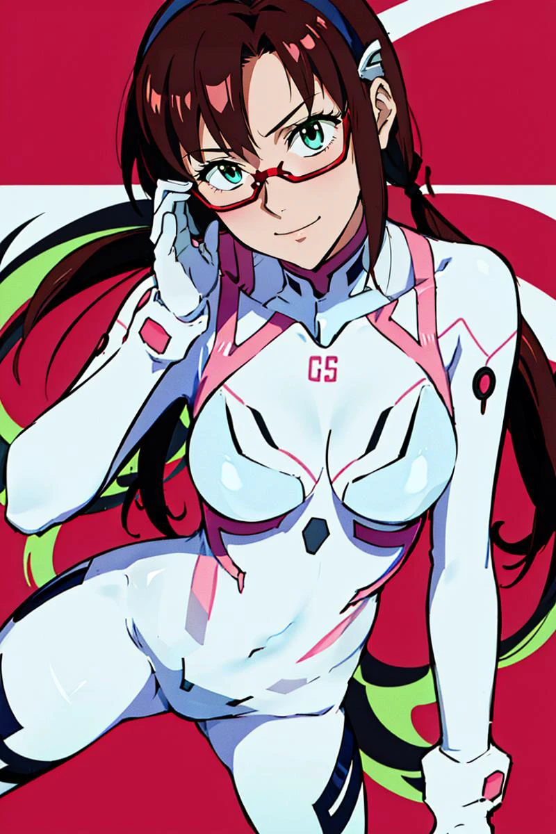 masterpiece, best quality, poster, <lora:MakinamiMariV1-000008:0.9> makinami mari illustrious, semi-rimless eyewear, red-framed eyewear, white bodysuit, contrapposto, smug, abstract background, <lora:zoom_slider:2.8>