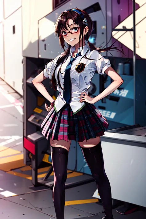 1girl, solo, looking at viewer, smile, short hair, skirt, shirt, black hair, long sleeves, holding, hair between eyes, brown eyes, closed mouth, , jacket, white shirt, ahoge, pleated skirt, outdoors, necktie, sky, bag, plaid, night, plaid skirt, moon, blazer, red necktie, star (sky), night sky, full moon, starry sky